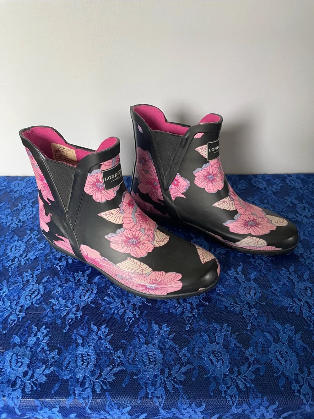 London Fog Women's Ankle Rain Boots with Pink Floral Pattern, Size 7